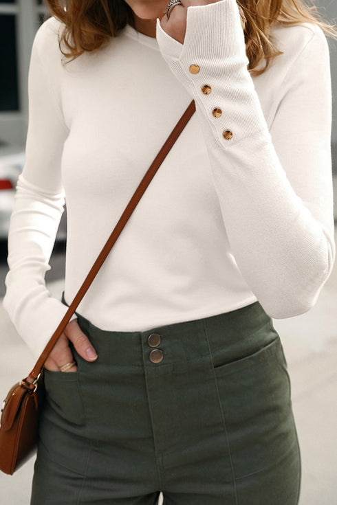 Mock Neck Ribbed Knit Button Cuff Top