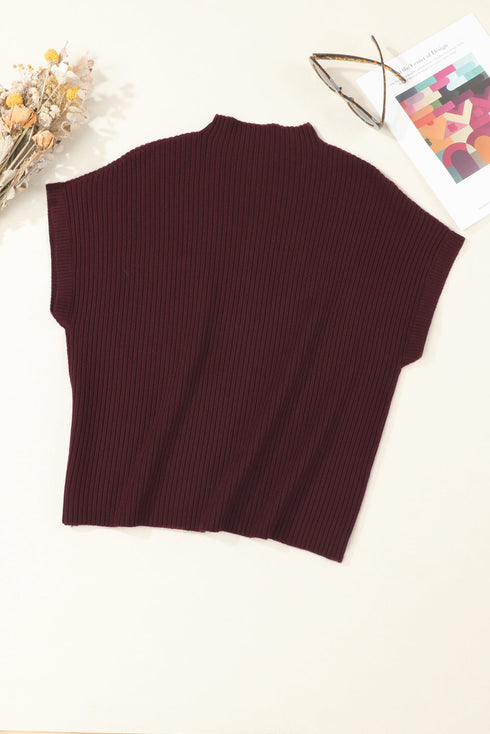 Mock Neck Ribbed Knit Cap Sleeve Sweater Top