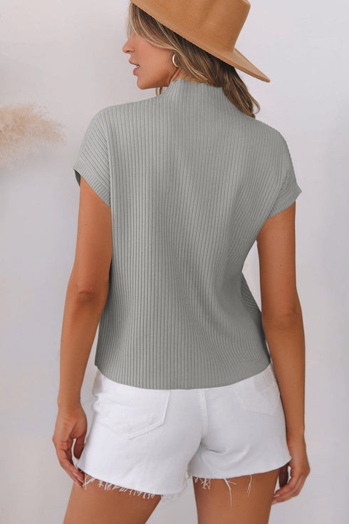 Mock Neck Ribbed Knit Cap Sleeve Sweater Top