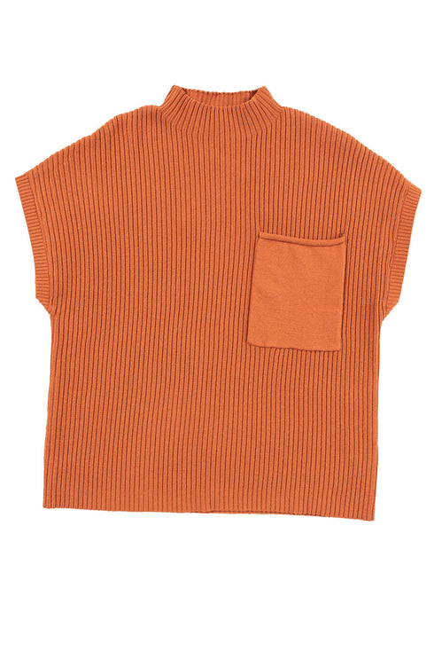 Mock Neck Ribbed Knit Cap Sleeve Sweater Top
