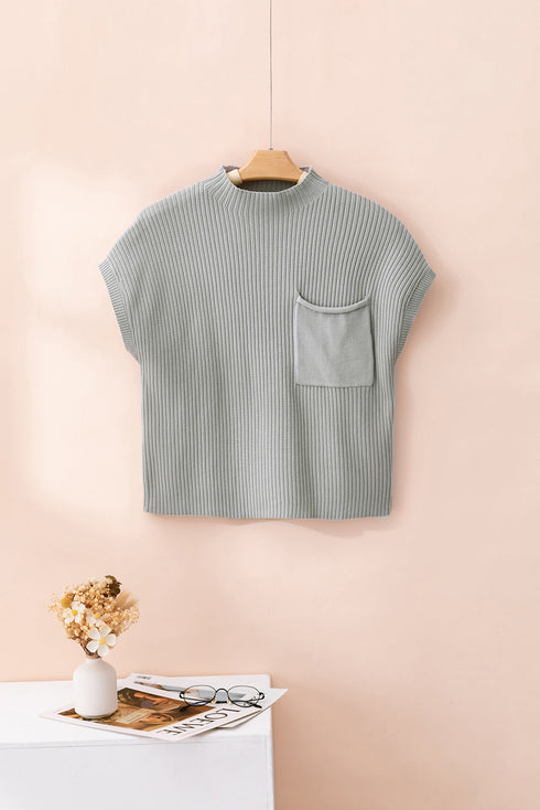 Mock Neck Ribbed Knit Cap Sleeve Sweater Top