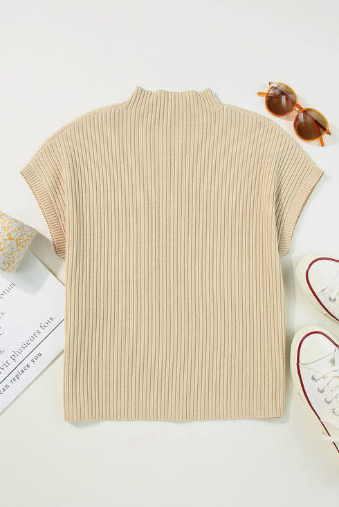 Mock Neck Ribbed Knit Cap Sleeve Sweater Top