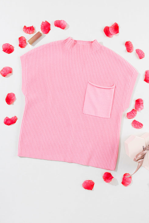 Mock Neck Ribbed Knit Cap Sleeve Sweater Top