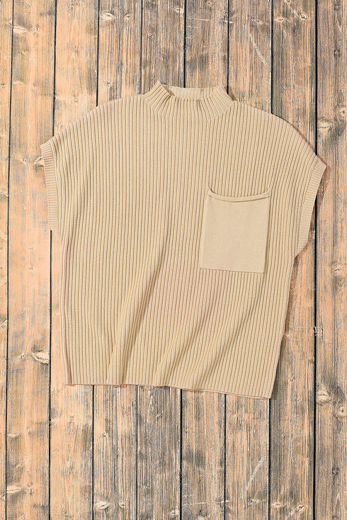 Mock Neck Ribbed Knit Cap Sleeve Sweater Top