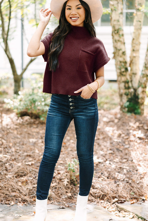 Mock Neck Ribbed Knit Cap Sleeve Sweater Top