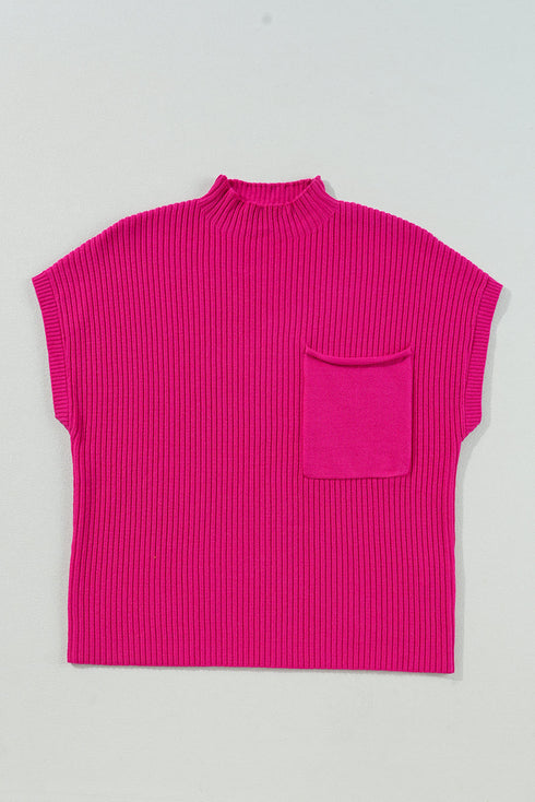 Mock Neck Ribbed Knit Cap Sleeve Sweater Top