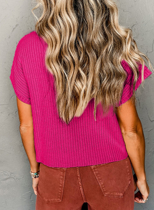 Mock Neck Ribbed Knit Cap Sleeve Sweater Top