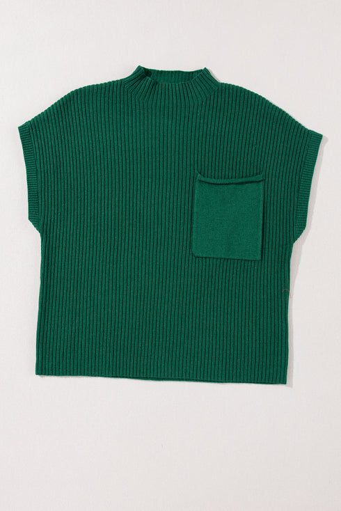 Mock Neck Ribbed Knit Cap Sleeve Sweater Top