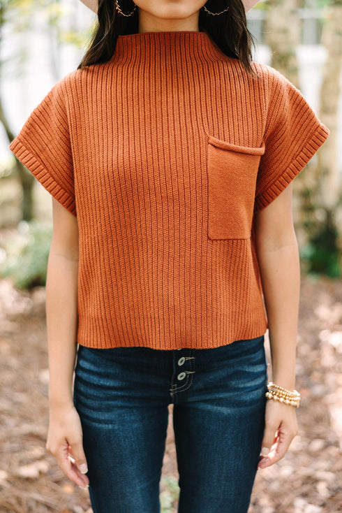 Mock Neck Ribbed Knit Cap Sleeve Sweater Top