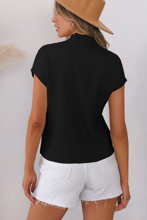 Mock Neck Ribbed Knit Cap Sleeve Sweater Top