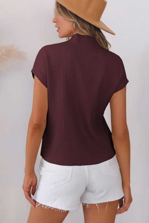 Mock Neck Ribbed Knit Cap Sleeve Sweater Top