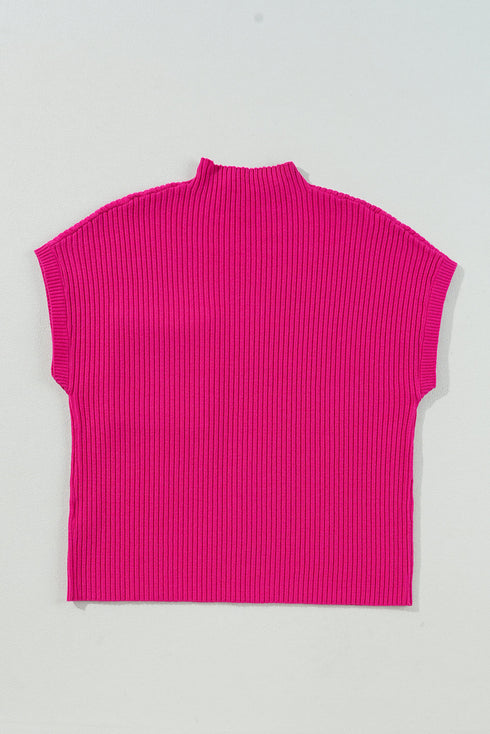 Mock Neck Ribbed Knit Cap Sleeve Sweater Top