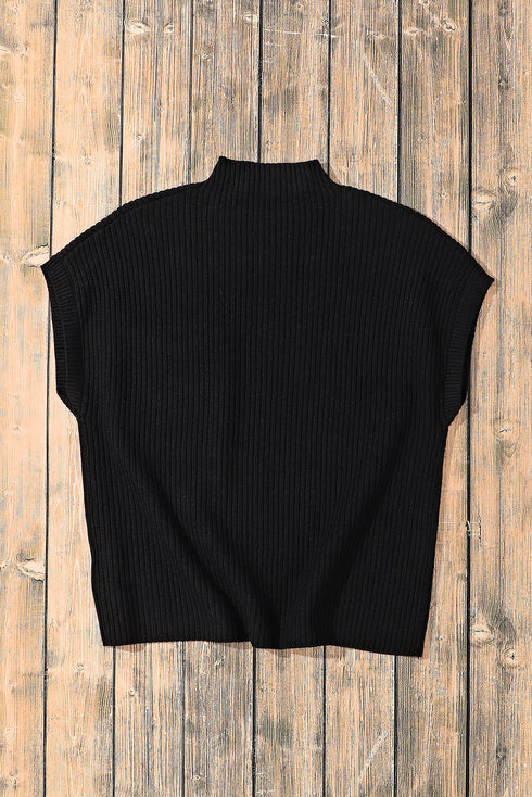 Mock Neck Ribbed Knit Cap Sleeve Sweater Top