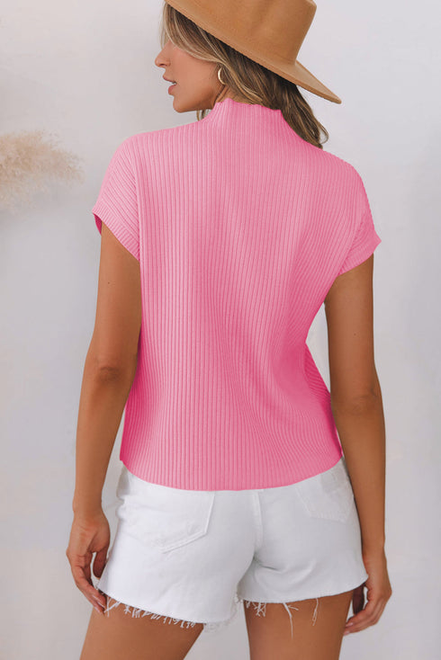 Mock Neck Ribbed Knit Cap Sleeve Sweater Top