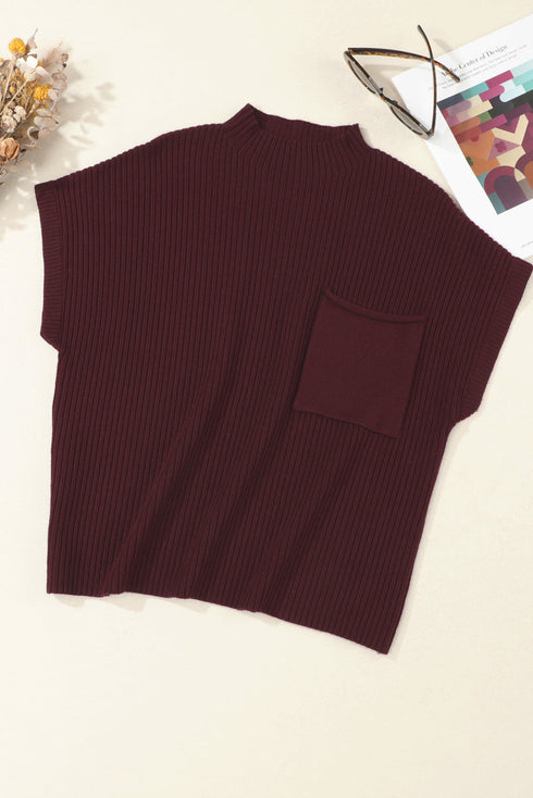 Mock Neck Ribbed Knit Cap Sleeve Sweater Top