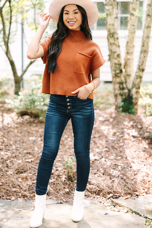 Mock Neck Ribbed Knit Cap Sleeve Sweater Top