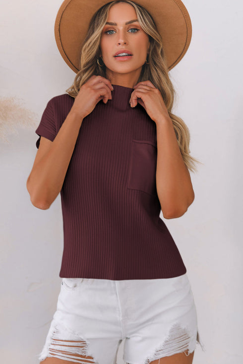 Mock Neck Ribbed Knit Cap Sleeve Sweater Top