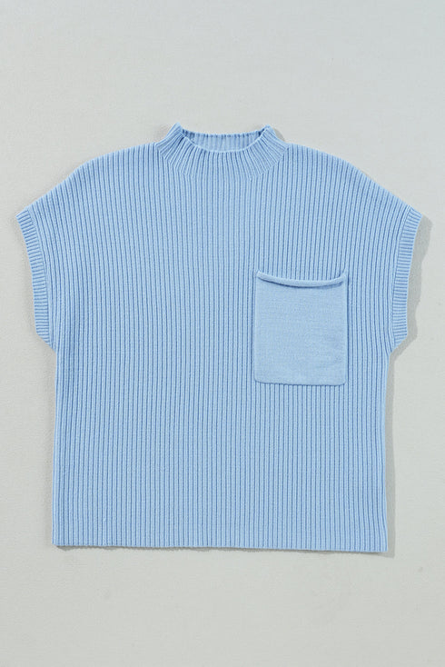 Mock Neck Ribbed Knit Cap Sleeve Sweater Top