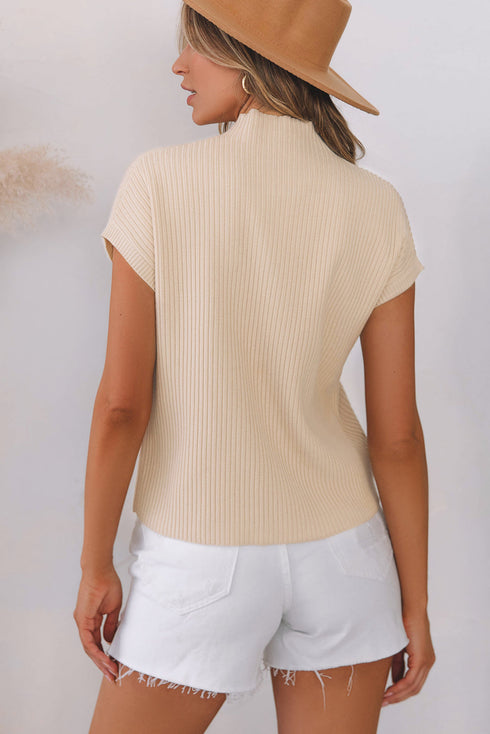 Mock Neck Ribbed Knit Cap Sleeve Sweater Top