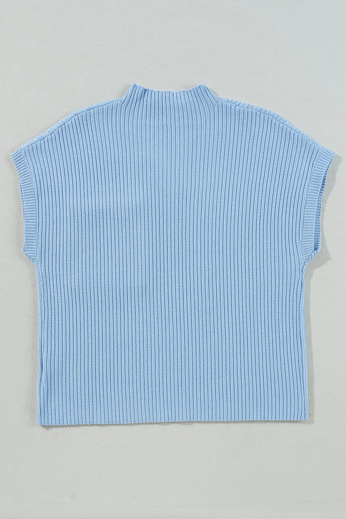 Mock Neck Ribbed Knit Cap Sleeve Sweater Top