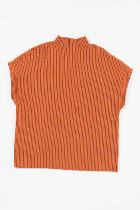 Mock Neck Ribbed Knit Cap Sleeve Sweater Top