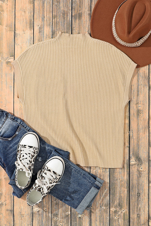 Mock Neck Ribbed Knit Cap Sleeve Sweater Top