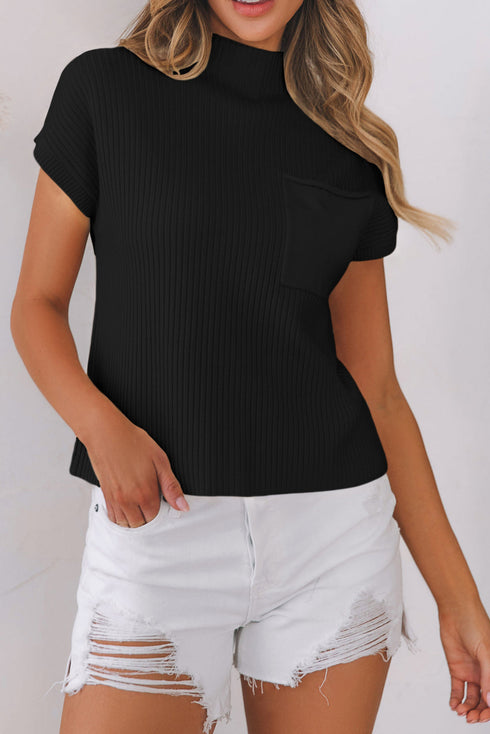 Mock Neck Ribbed Knit Cap Sleeve Sweater Top