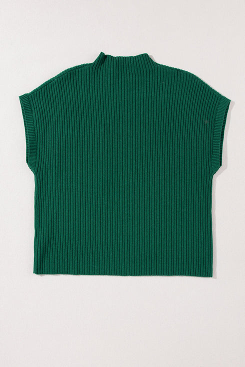 Mock Neck Ribbed Knit Cap Sleeve Sweater Top