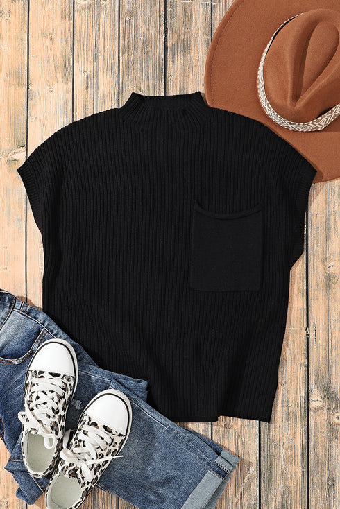 Mock Neck Ribbed Knit Cap Sleeve Sweater Top