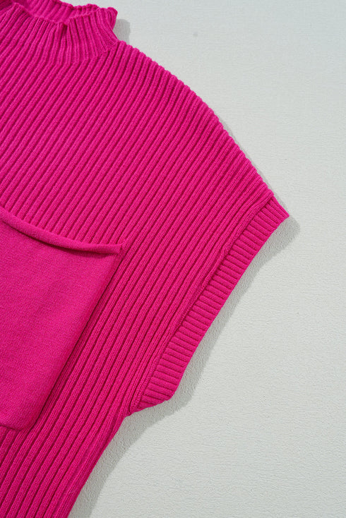Mock Neck Ribbed Knit Cap Sleeve Sweater Top