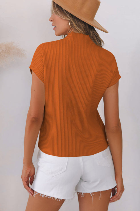 Mock Neck Ribbed Knit Cap Sleeve Sweater Top