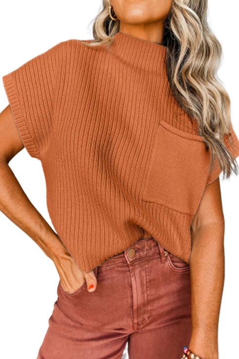 Mock Neck Ribbed Knit Cap Sleeve Sweater Top