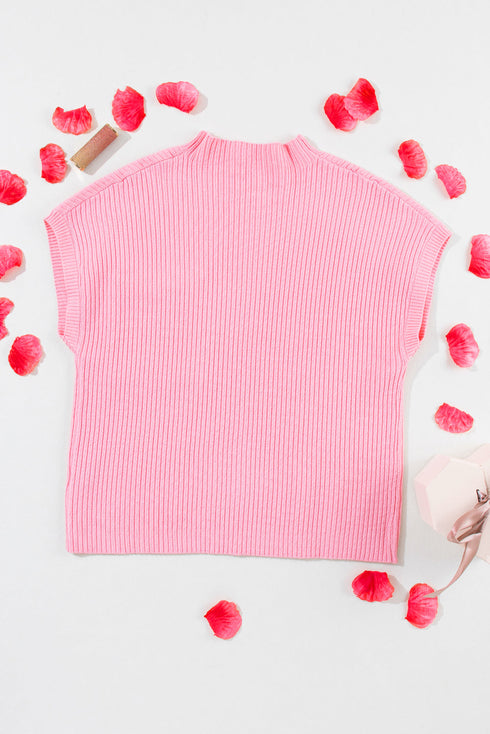 Mock Neck Ribbed Knit Cap Sleeve Sweater Top