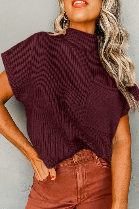 Mock Neck Ribbed Knit Cap Sleeve Sweater Top