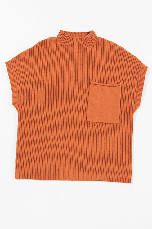 Mock Neck Ribbed Knit Cap Sleeve Sweater Top