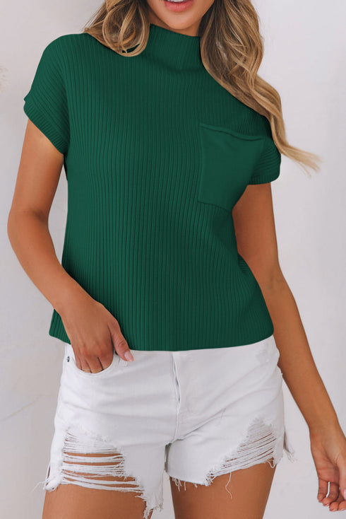Mock Neck Ribbed Knit Cap Sleeve Sweater Top