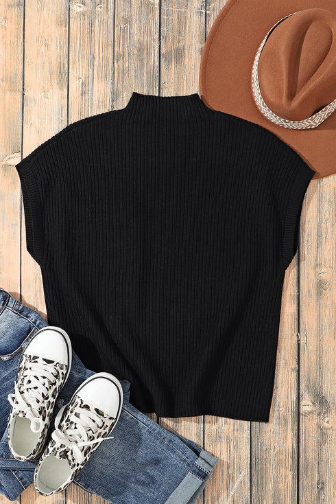 Mock Neck Ribbed Knit Cap Sleeve Sweater Top