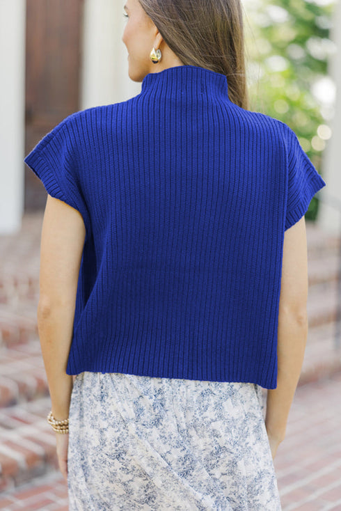Mock Neck Ribbed Knit Cap Sleeve Sweater Top