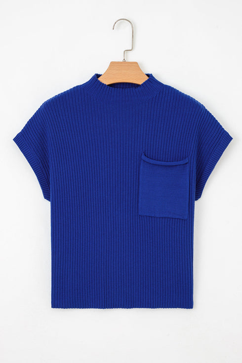 Mock Neck Ribbed Knit Cap Sleeve Sweater Top