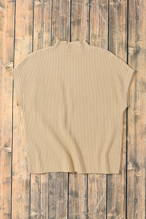 Mock Neck Ribbed Knit Cap Sleeve Sweater Top