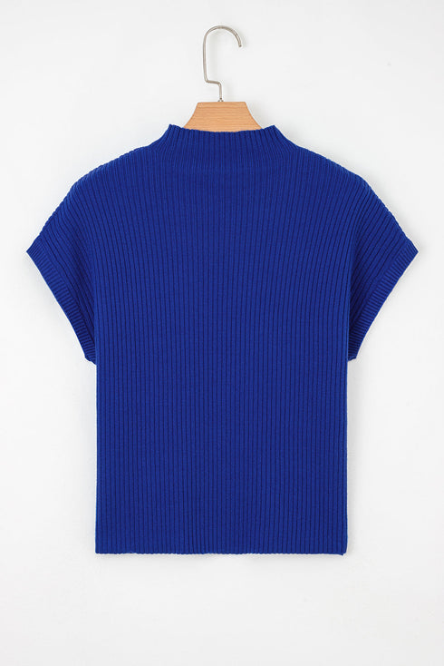 Mock Neck Ribbed Knit Cap Sleeve Sweater Top