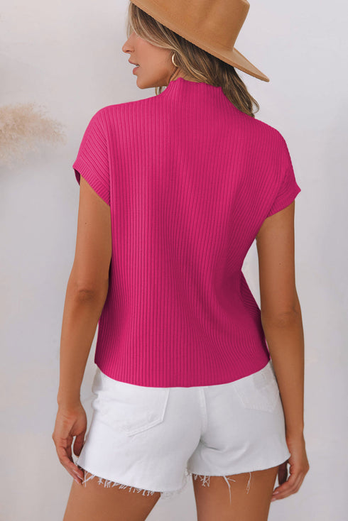 Mock Neck Ribbed Knit Cap Sleeve Sweater Top