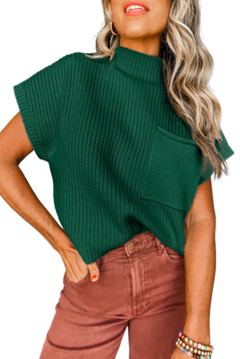 Mock Neck Ribbed Knit Cap Sleeve Sweater Top