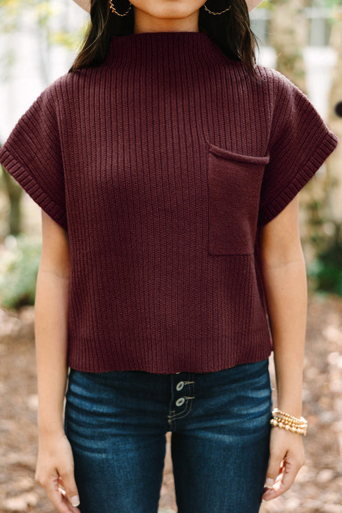 Mock Neck Ribbed Knit Cap Sleeve Sweater Top
