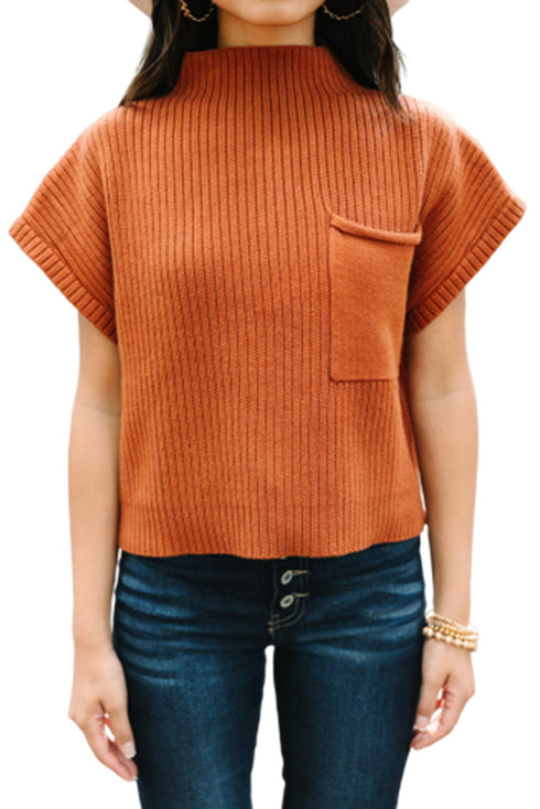 Mock Neck Ribbed Knit Cap Sleeve Sweater Top