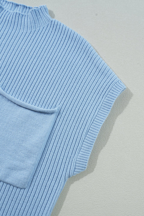 Mock Neck Ribbed Knit Cap Sleeve Sweater Top