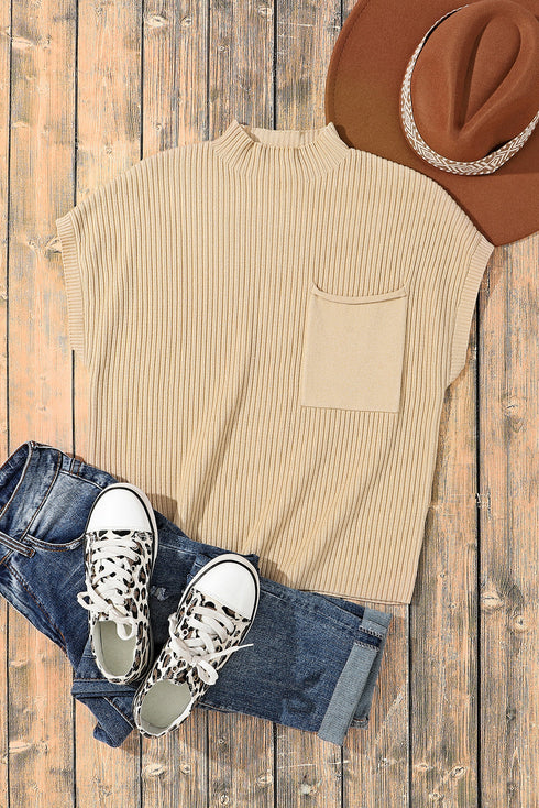 Mock Neck Ribbed Knit Cap Sleeve Sweater Top