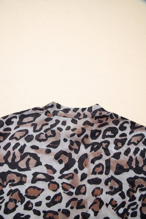 Mock Neck Sheer Mesh Leopard Print Long Sleeve Top