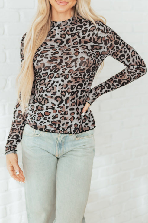 Mock Neck Sheer Mesh Leopard Print Long Sleeve Top