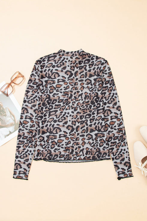 Mock Neck Sheer Mesh Leopard Print Long Sleeve Top